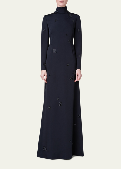 Akris Embellished Long-sleeve Godet-back Gown In 009 Black