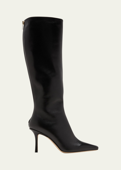 Jimmy Choo Agathe Leather Stiletto Knee Boots In Black