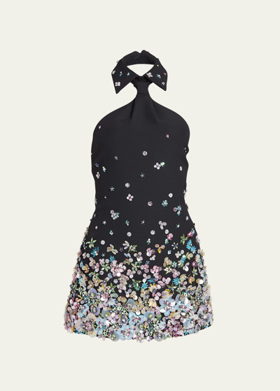 Valentino Embroidered Crepe Couture Halter Mini Dress In Black Multicolor