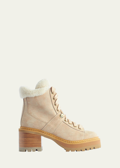 See By Chloé Maeliss Suede Shearling Lace-up Booties In Natural
