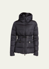 Moncler Avoce Hooded Puffer Jacket With Elastic Belt In Navy