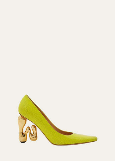Jw Anderson Cracked Leather Bubble-heel Pumps In Bright Yellow