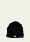 Moncler Ribbed Wool Logo Beanie In Black