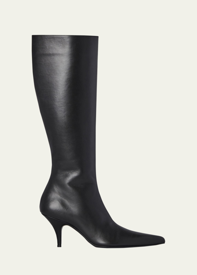 The Row Sling Leather Stiletto Mid Boots In Black