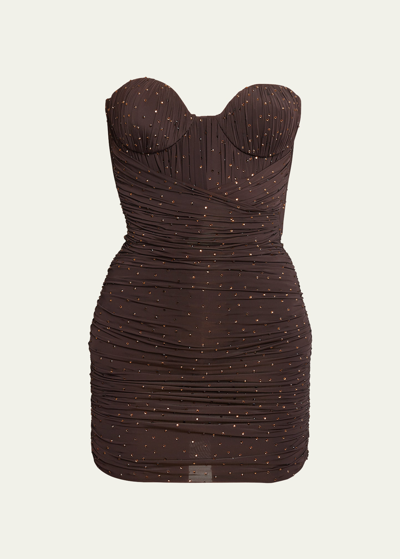 Alex Perry Crystal-embellished Strapless Ruched Mini Dress With Gloves In Brown