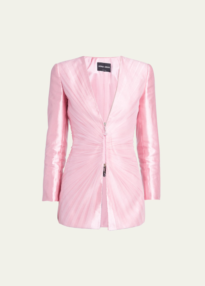 Giorgio Armani Pleated Tulle Zip-front Silk Blazer Jacket In Pink