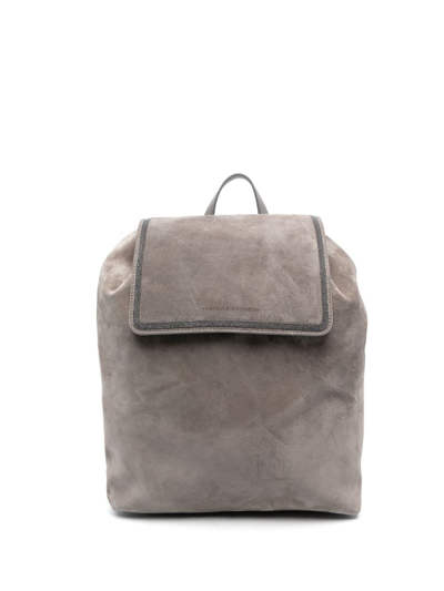 Brunello Cucinelli Debossed-logo Suede Backpack In Grau