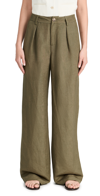 Paige Dallas Pleated High Waist Wide Leg Linen Blend Trousers In Army