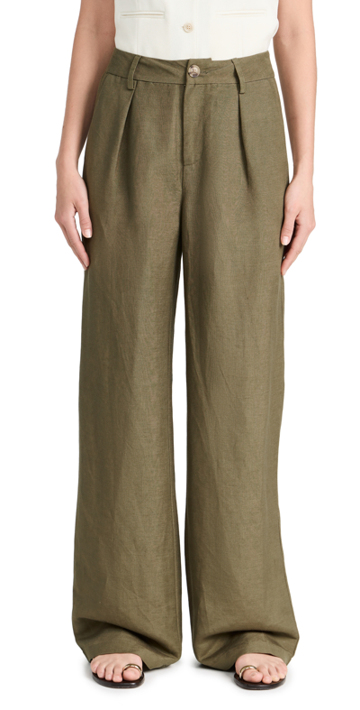 Paige Dallas Pleated High Waist Wide Leg Linen Blend Trousers In Green
