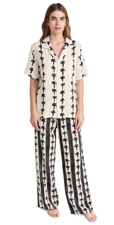 Desmond & Dempsey Printed Linen-voile Pajama Set In Cream/ Black