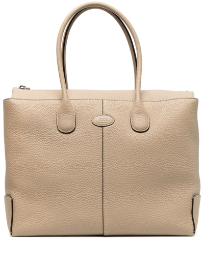 Tod's Logo-patch Leather Tote Bag In Neutrals