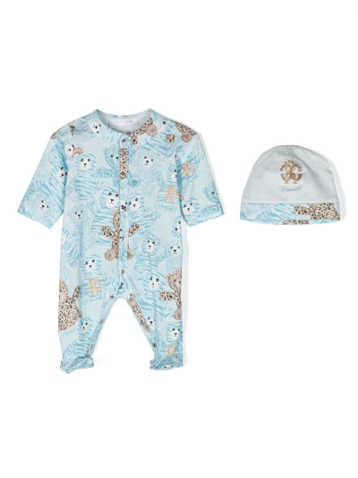 Roberto Cavalli Junior Teddy Bear-print Babygrow Set In Blue