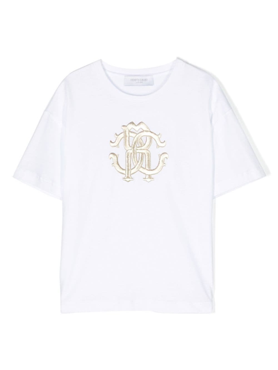 Roberto Cavalli Junior Kids' Logo-embroidery Cotton T-shirt In White