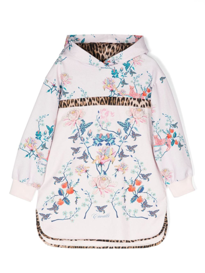 Roberto Cavalli Kids' Floral-print Contrast-trim Hoodie In Pink