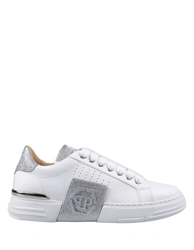 Philipp Plein White And Silver Phantom Kick$ Sneakers