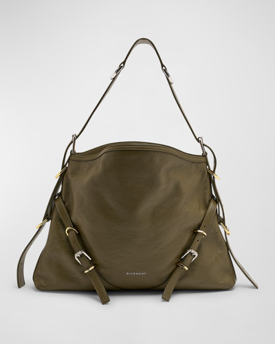 Givenchy Medium Voyou Buckle Shoulder Bag In Tumbled Leather In 313 Dark Khaki