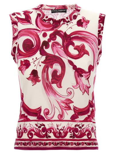 Dolce & Gabbana Majolica-print Sleeveless Silk Knit Top In Wht Print