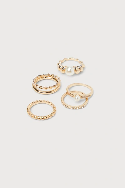 Lulus Luxe Imagination Gold Pearl Rhinestone Ring Set