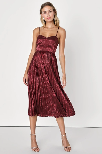 Lulus Chic Sensibility Burgundy Satin Jacquard Pleated Midi Dress