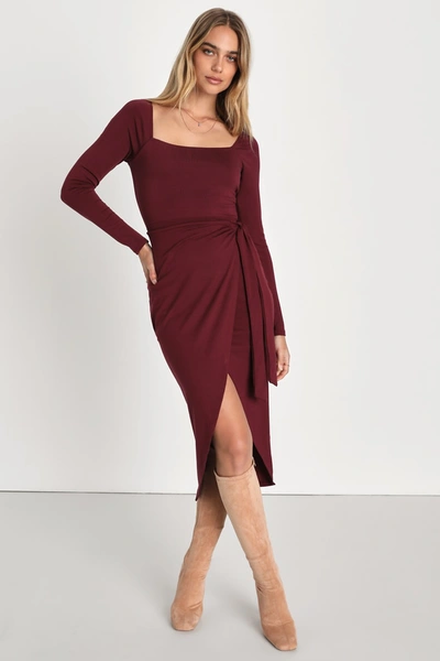 Lulus Truly Timeless Burgundy Long Sleeve Midi Wrap Dress