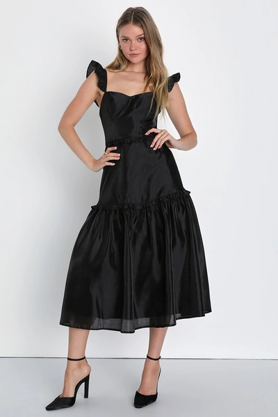 Lulus Effervescent Aesthetic Black Tiered Ruffled Midi Dress | ModeSens