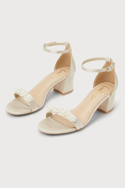 Lulus Kutest Champagne Satin Pearl Ankle Strap Heels
