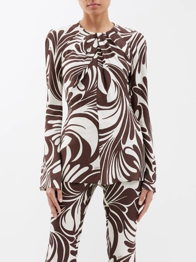 La Doublej Abstract-print Knotted-neck Blouse In White