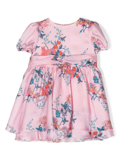 Roberto Cavalli Babies' Floral-print Short-sleeve Silk Dress In Pink