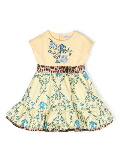 Roberto Cavalli Junior Babies' Baroque-print Layered Cotton Dress In Yellow