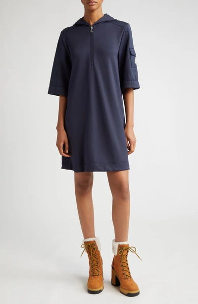 Moncler Hooded Quarter-zip T-shirt Dress In Navy