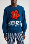 Kenzo Logo And Flower Wool Sweater In Blue