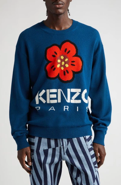 Kenzo Boke Flower Intarsia-knit Jumper In Duck Blue