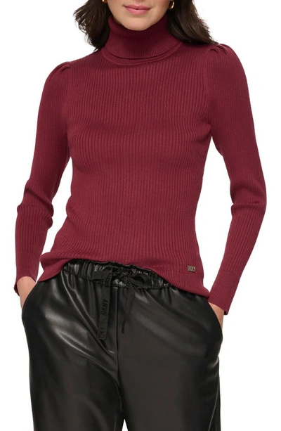 Dkny Puff Sleeve Rib Turtleneck Jumper In Cabernet