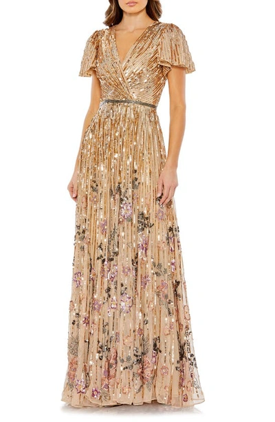 Mac Duggal Sequin Floral Flutter Sleeve Gown In Copper
