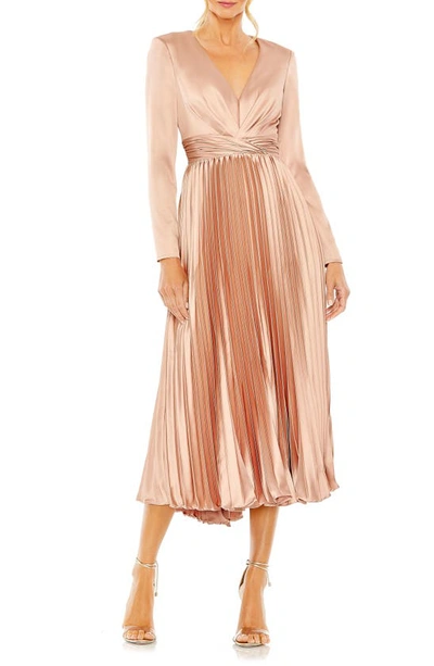 Ieena For Mac Duggal Pleated Long Sleeve Satin Midi Dress In Rose