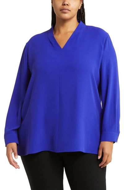 Eileen Fisher Missy Silk Georgette Crepe V-neck Long-sleeve Blouse In Blue Violet