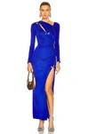 Versace Safety Pin Thigh-slit Ruched Slash Jersey Gown In Lapis