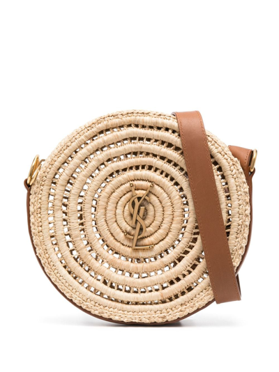 Saint Laurent Cassandre Round Leather-trimmed Raffia Shoulder Bag In Neutrals