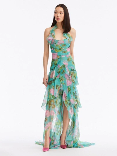 Oscar De La Renta Ruffle Geranium Chiffon Gown In Pink/jade