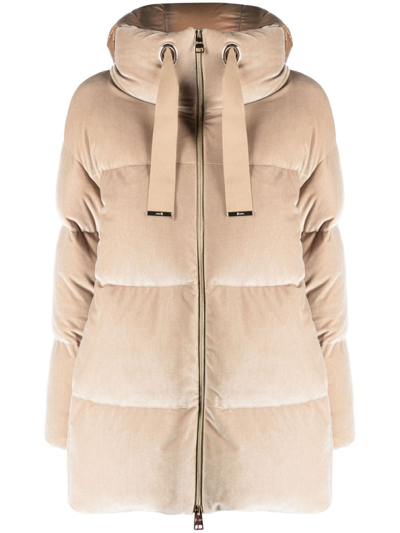 Herno Quilted Hooded Velour Jacket In Beige