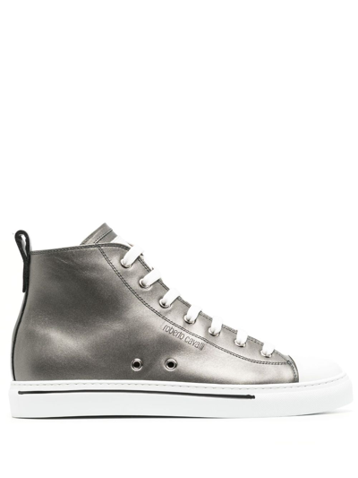 Roberto Cavalli Metallic Leather High-top Sneakers In Grey