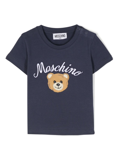 Moschino Babies' Logo-embroidered Cotton T-shirt In Blue