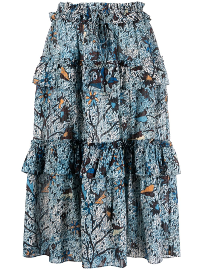 Ulla Johnson Josette Tiered Ruffle Floral Midi Skirt In Morning Glory