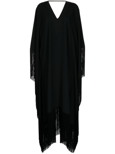 Taller Marmo Long Fringed Dress Plunging V-neck In Black