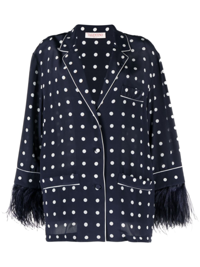 Valentino Feather-trim Polka-dot Silk Shirt In Blue