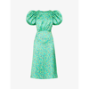 Rotate Birger Christensen Floral Puff-sleeve Satin Midi Dress In Clematis Blue Comb.