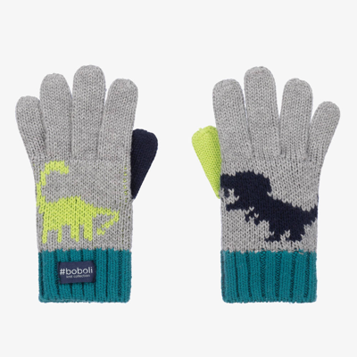 Boboli Kids' Boys Grey Cotton Knit Dinosaur Gloves
