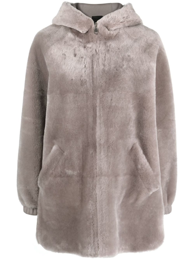 Blancha Reversible Hooded Shearling Coat In Gray