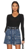 Enza Costa Rib Bold Long Sleeve U Top In Black