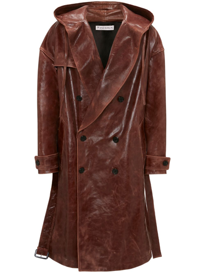 Jw Anderson Hooded Leather Trench Coat In Brown
